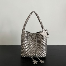 Qiangqiang's Same-Style Luxury Handbag - Handmade Woven Champagne Gold Mini Bucket Bag, Armpit/Shoulder/Handheld Tote Bag